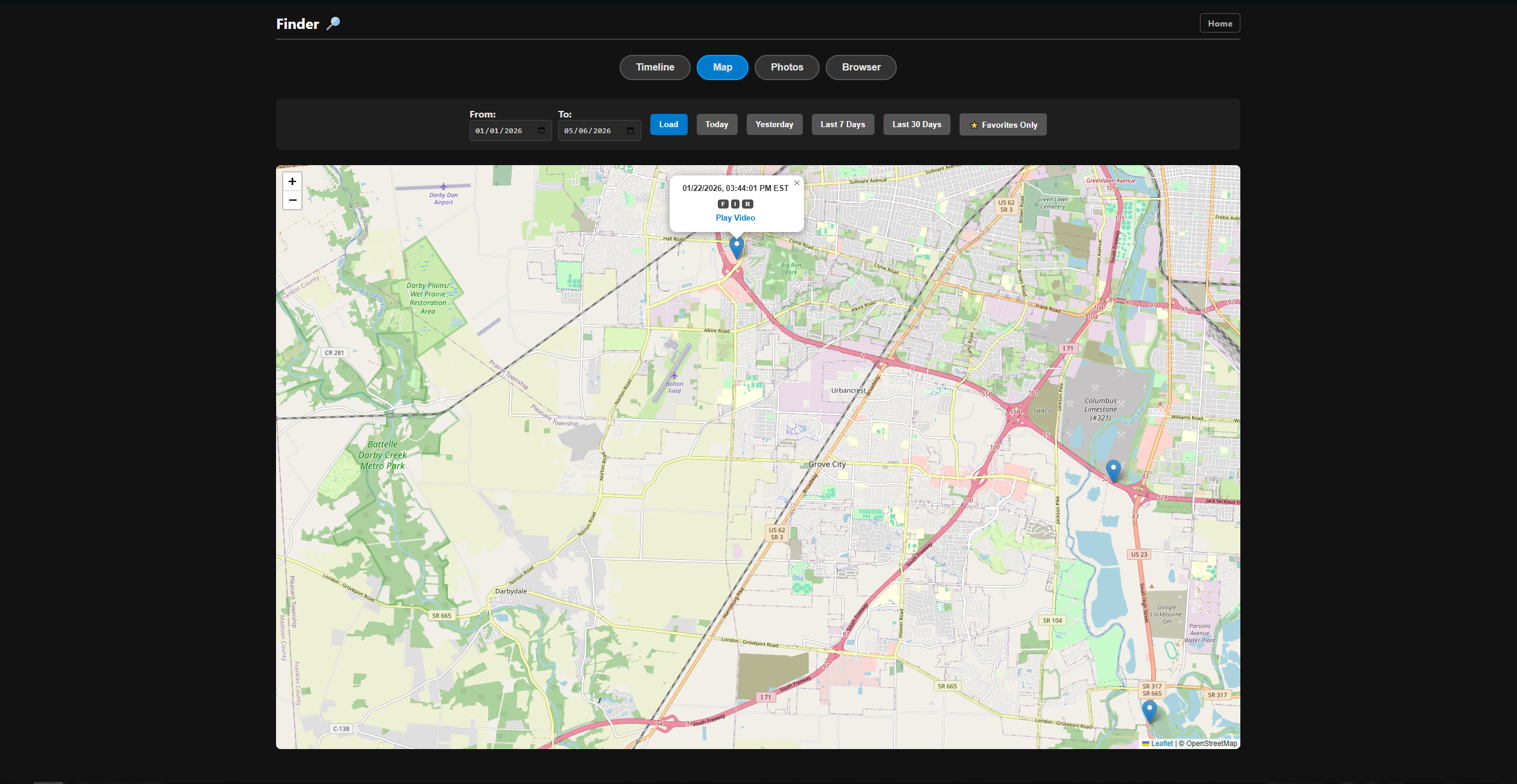Map view — Leaflet showing drive markers across central Ohio with a Play Video popup on a selected clip