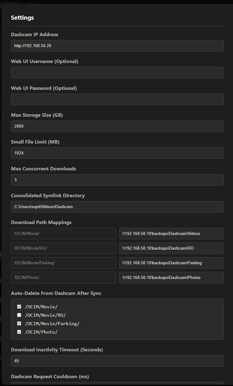 Settings panel — dashcam IP, storage caps, download path mappings, auto-delete policy, sync schedule