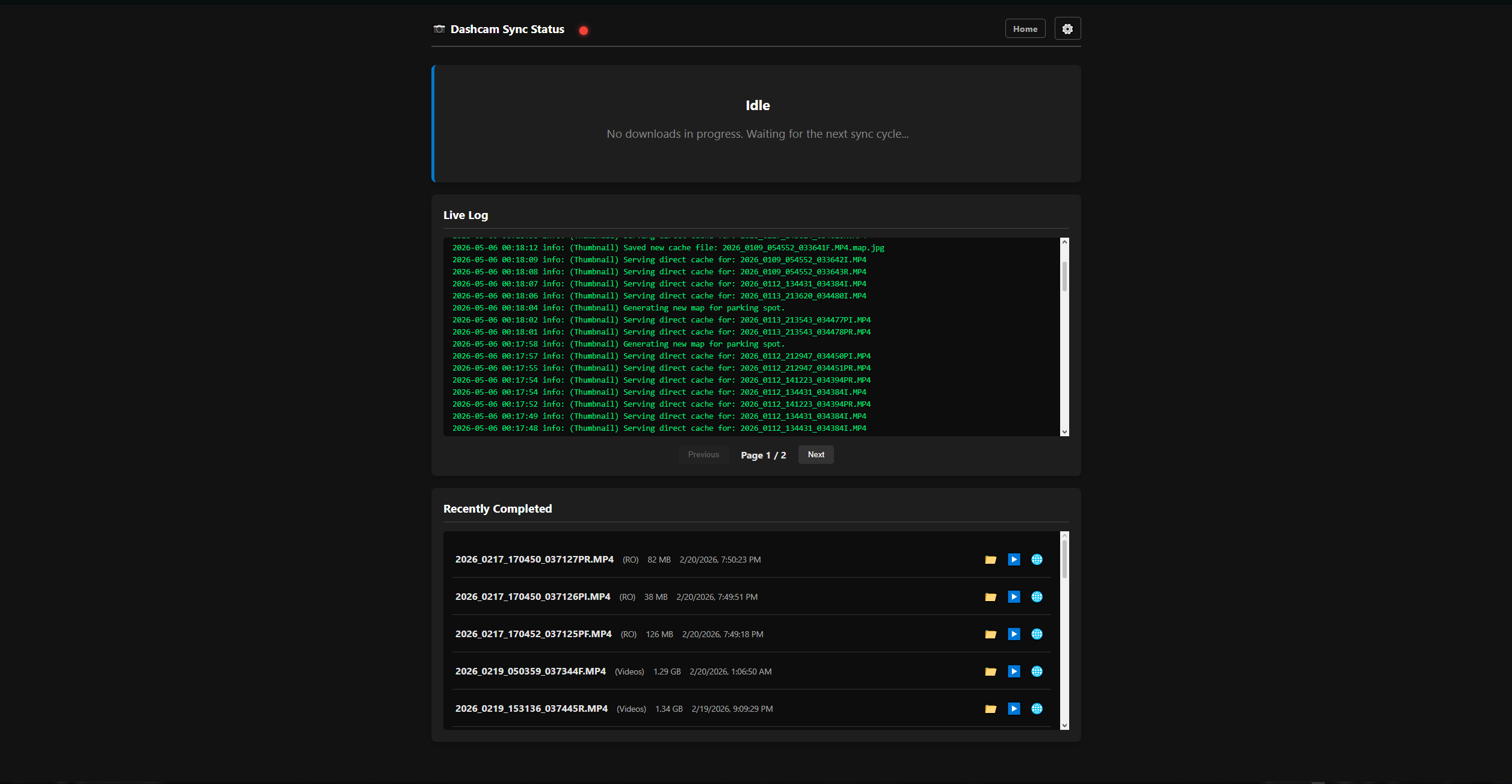 Sync status — idle banner, live log tail showing ingest activity, recently completed clip list