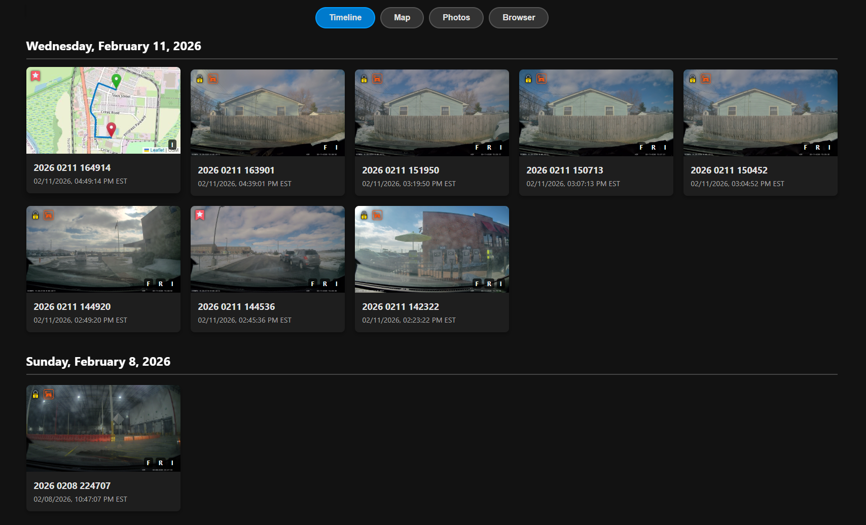 Timeline view — clips grouped by date, each card showing a smart thumbnail and timestamp