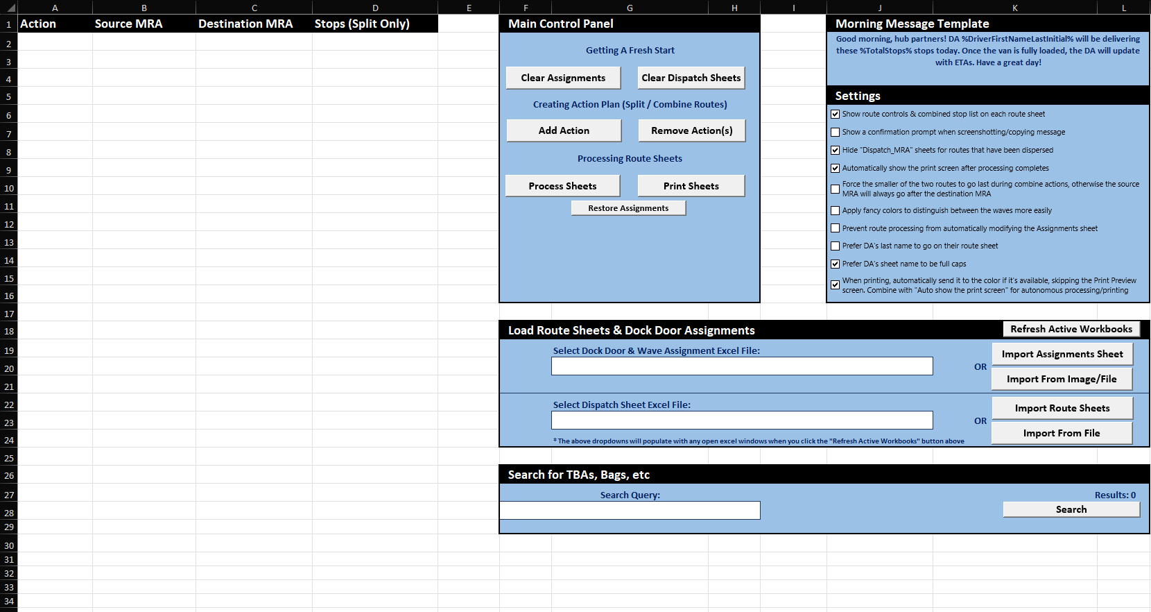 The Hub Dispatch Excel control panel — action plan grid, main controls, settings toggles, file pickers, and the TBA / bag / OV search.